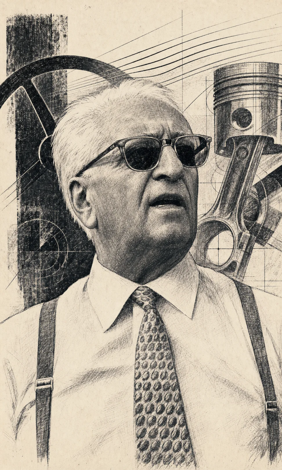 Illustrated portrait of Enzo Ferrari